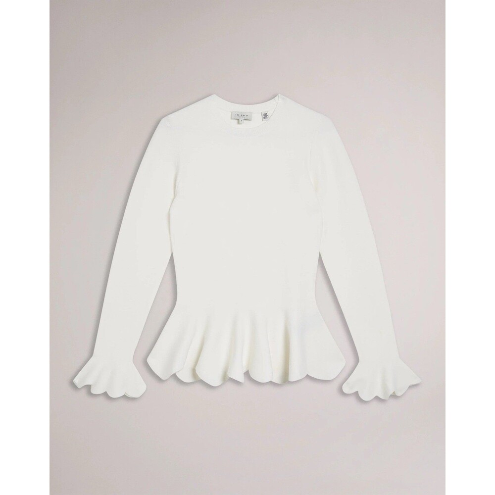 Ted Baker London White Lillyyy Long Sleeve Peplum Hem Sweater, NWT, US 2